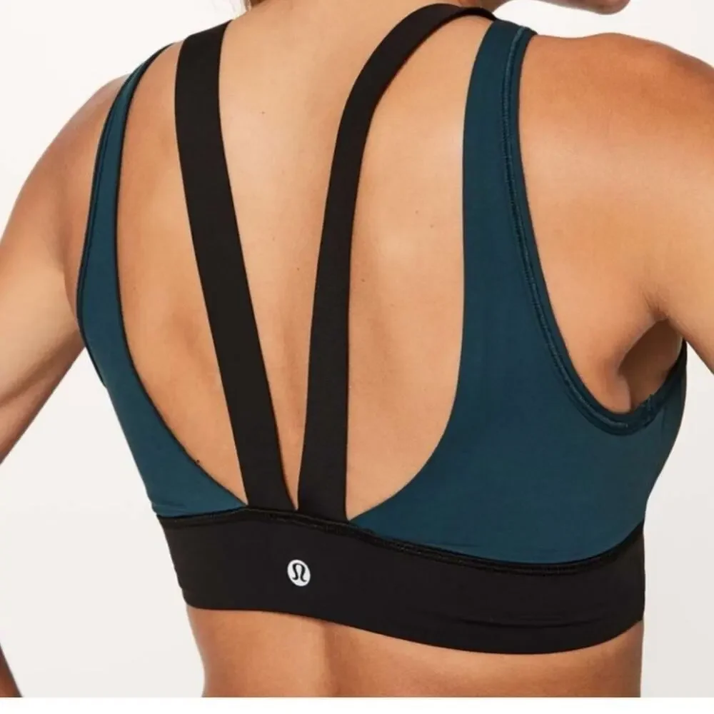 LULULEMON Run The Day Bra Submarine Teal Black Mesh Strappy Size 4